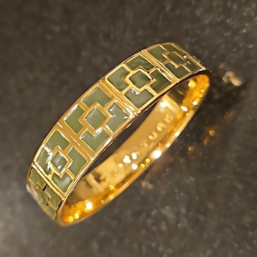 Trina Turk Enamel Bangle Bracelet ~ Black & Gold Brick Logo Design Nwot